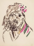 Автопортрет с клетчатой шапкой. 1985. Бумага, масляная пастель