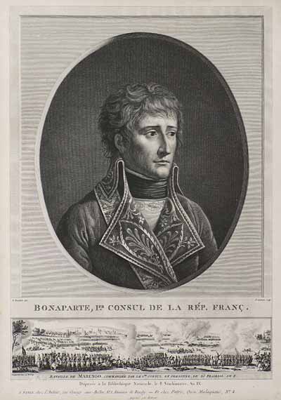 Наполеон Бонапарт, 1-й консул / Битва при Маренго. П.Одуэн с оригинала П.Буйона; Ж.Дюплесси-Берто. Начало 1800-х годов. Офорт
