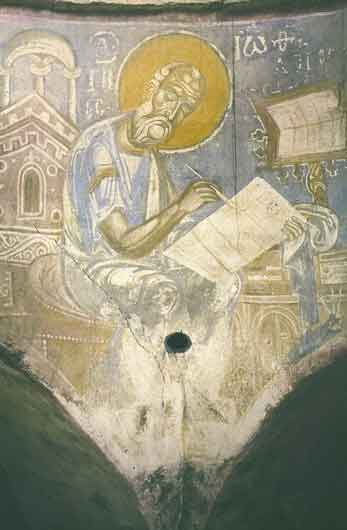 Евангелист Иоанн. Фреска в церкви Спаса на Нередице. 1199. Разрушена в годы Второй мировой войны. Фото Л.А.Мацулевича, 1910
