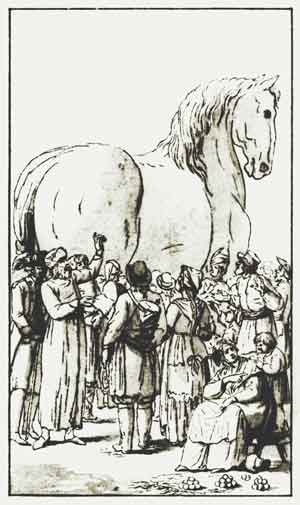 Троянский конь. Иллюстрация к «Виргилиевой Енейде, вывороченной наизнанку» Н.Осипова. Тушь, перо. (Не издано)
