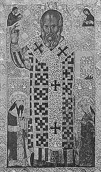 Св. Николай с предстоящими сербским кралем Стефаном Урошем Милутином и его женой Еленой Симонидой, донаторами. Икона из Никольского собора в г.Бари
