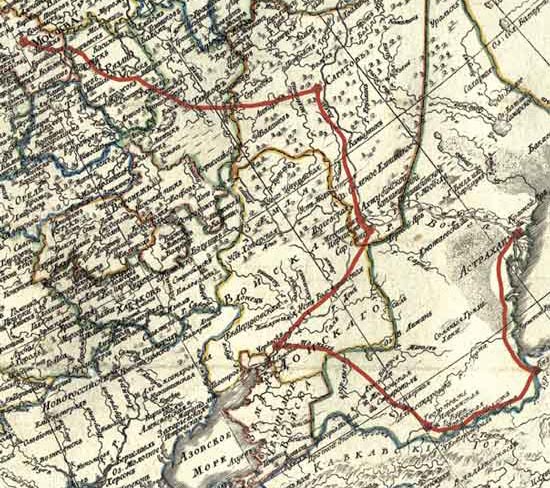 Схема маршрута экспедиции генерала Спренгтпортера в низовье Дона и Волги  на Генеральной карте Российской империи начала XIX в.
