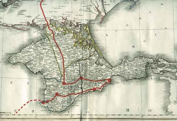 Схема маршрута экспедиции генерала Спренгтпортена на карте Крыма из Атласа Российской империи. 1792
