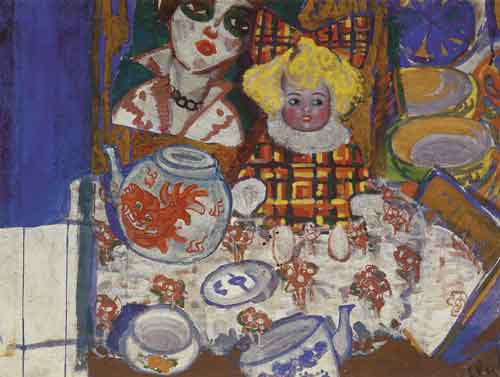 Е.Л.Коровай. Натюрморт. Две куклы и чайник. 1920-е годы. Полотно, гуашь
