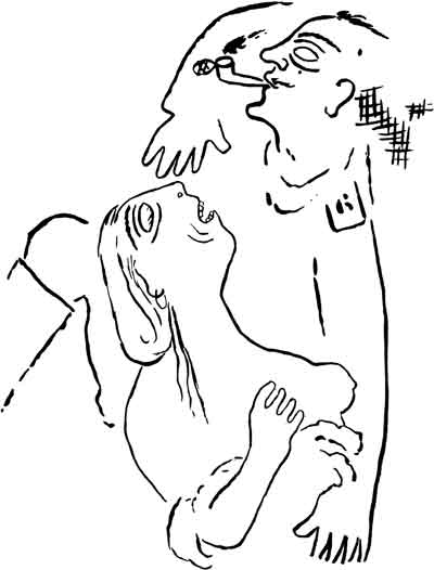 М.Ларионов. Иллюстрация к гл. 5 поэмы А.Блока «Двенадцать». 1920.<br>У тебя на шее, Катя,<br>Шрам не зажил от ножа.<br>У тебя под грудью, Катя,<br>Та царапина свежа!
