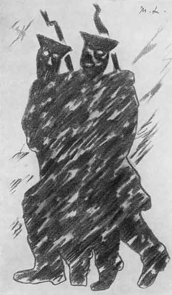 Н.Гончарова. Иллюстрация к гл. 6 поэмы А.Блока «Двенадцать». 1920.<br>Революцьионный держите шаг!<br>Неугомонный не дремлет враг!
