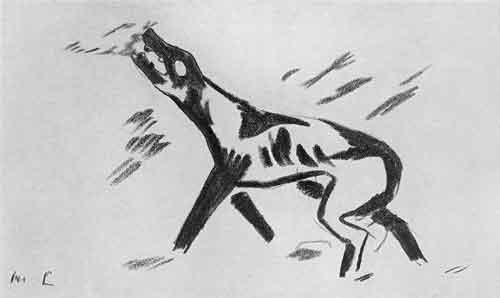 М.Ларионов. Иллюстрация к гл. 9 поэмы А.Блока «Двенадцать». 1920.<br>Стоит буржуй на перекрестке<br>И в воротник упрятал нос.<br>А рядом жмется шерстью жесткой<br>Поджавший хвост паршивый пес.
