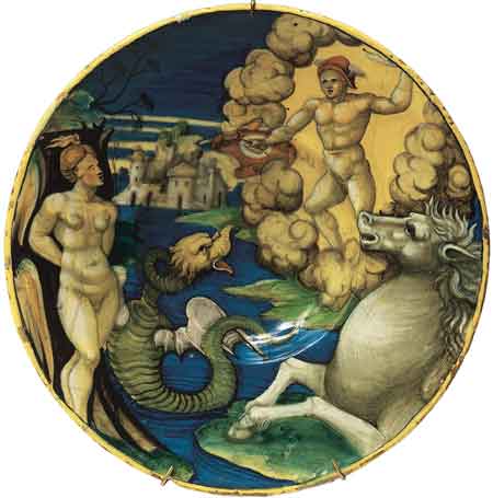 Тарелка с изображением Персея и Андромеды. Италия, Урбино. 1535–1540. Майолика. ГЭ

