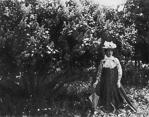 Н.И.Забела-Врубель на фоне сирени. Фотография В.Замирайло. 1901
