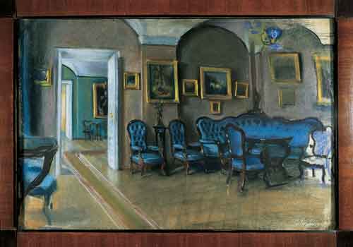 Зинаида Серебрякова. Синяя гостиная в доме Бенуа. 1910-е годы. Бумага, смешанная техника. Частное собрание
