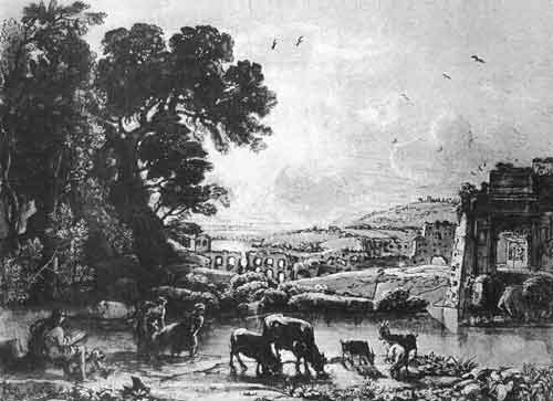 К.Лоррен. Пасторальный ландшафт с аркой Тита. 1664. Рисунок, положенный в основу картины «Вечер среди руин, или Упадок Римской империи»
