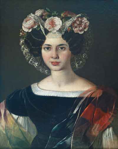 Неизвестный художник первой половины XIX века. Портрет неизвестной с цветами в прическе. Холст, масло
