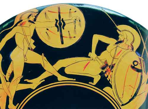Поединок Аякса и Гектора. Фрагмент росписи краснофигурного килика. Аттика. Около 480 года до н.э., мастер Докимасии. ГЭ

