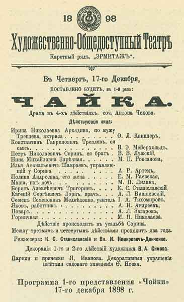Программа первого представления «Чайки» А.Чехова 17 декабря 1898 года в МХТ
