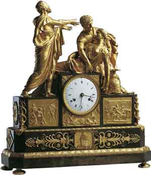  	Каминные  часы  «Самоубийство Лукреции». Первая четверть XIX века. Париж, мастерская Галле.  Бронза