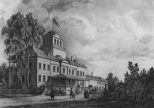 	Замок графини Полье в Парголове. Литография Г.Энгельмана по рисунку М.Лустоно. 1833
