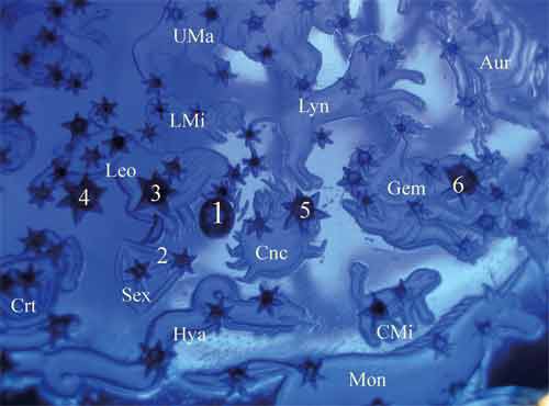 	Вид части внутренней стеклянной полусферы пасхального яйца Фаберже с созвездиями Льва (Leo), Рака (Cnc), Близнецов (Gem) и ближайшей к ним областью. Цифрами обозначены: 1 — Солнце, 2 — Луна, 3 — Венера, 4 — Меркурий, 5 — Марс, 6 — Нептун
