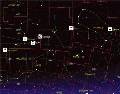 Часть находившейся над горизонтом области небосвода на 13 часов 14 минут 12 августа 1904 года с символами расположненных в ней небесных тел. Компьютерная модель. The Sun — Солнце, Neptun — Нептун, Mars — Марс, The Moon — Луна,  Venus — Венера, Leo — Лев, Mercury — Меркурий