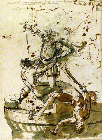 Теодор Жерико. Завоевание Мексики Фернандо Кортесом. 1810-е годы. Бумага, перо, тушь, кисть коричневыми серым тоном
