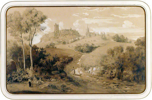 В.Даниель. Пейзаж с фигурами и замком на холме. Середина XIX века. Бумага, карандаш, кисть коричневым тоном, белила