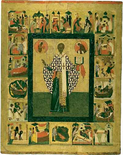 «Святой Николай Чудотворец в житии». Икона. Новгород. 1551–1552. ЦМиАР
