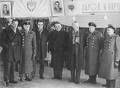 На космодроме Байконур. А.И.Осташев (первый слева), С.П.Королёв, Н.А.Пилюгин (в центре). 1964