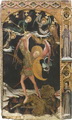 Архангел Михаил поражает сатану, с избранными святыми. Фрагмент ретабло. Начало XV века. Испания (Каталония). Дерево, резьба, грунт, тиснение по грунту, смешанная техника, золочение