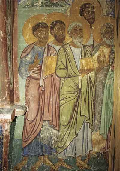Апостолы из сцены «Уверение Фомы». Спасо-Преображенский собор Мирожского монастыря. Около 1140 года

