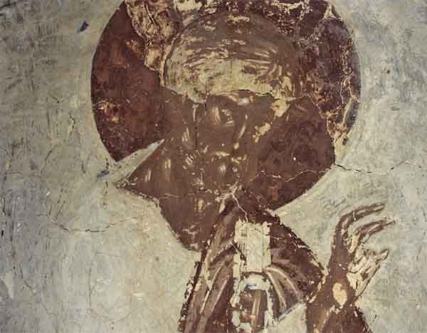Апостол Петр из сцены «Явление Петра Галле Милостивой». Успенская церковь в Мелётове. 1465
